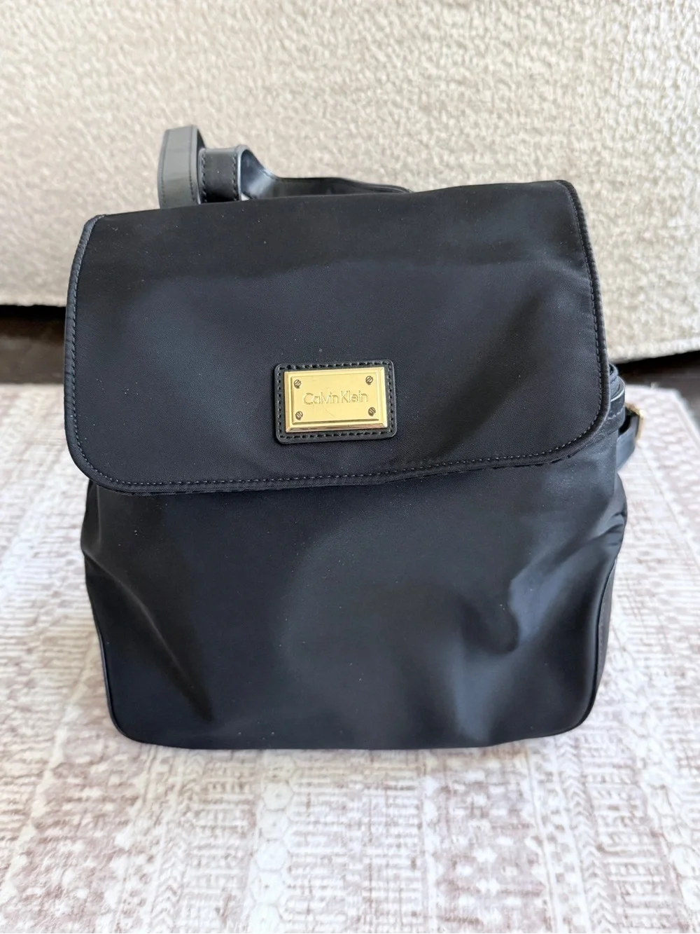 Calvin Klein Black Nylon Messenger Bag with Gold Plaque